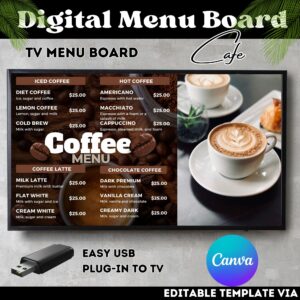 Coffee menu board, tv menu board, digital menu board.