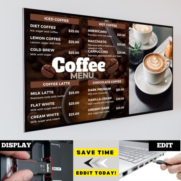 Coffee menu board, tv menu board, digital menu board.