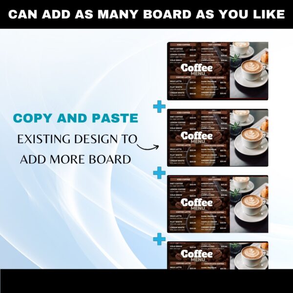 Coffee menu board, tv menu board, digital menu board.