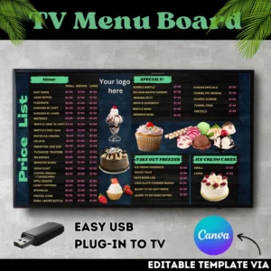 Editable TV Menu Board Canva Template for Take-Out & Ice Cream Shops