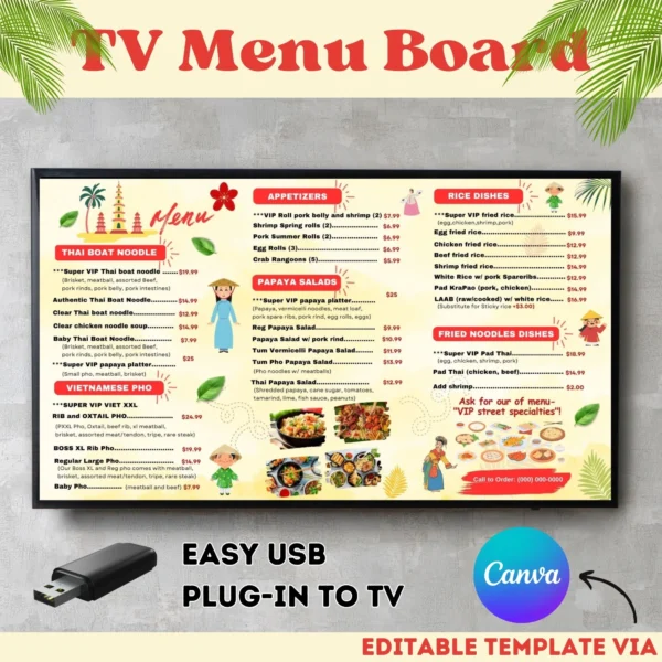 USA Asian Menu Board - Stylish, Editable Canva Template for Asian Restaurants