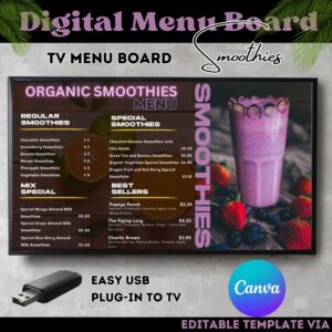 Smoothie Menu, Digital Menu Board, Canva Template, Food and Beverage Design, Cafe Marketing, Juice Bar Menu, Customizable Templates, Digital Signage, Menu Design, Healthy Drinks, Smoothie Bar, Restaurant Menu, Visual Marketing, Graphic Design, Small Business Branding.