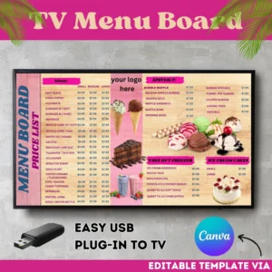 Modern TV Menu Board: Editable Canva Template for Take-Out Freezer, Digital TV Menus & Ice Cream Displays