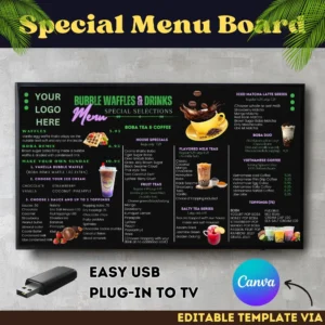 Tv Menu Board for Restaurant, Bubble Waffles Menu, TV menu board , Drinks Menu ,Drink Menu Template, Coffee Menu, Canva Template