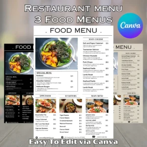 Restaurant Menu Bundle - 3 Editable A4 Food Menus | Digital Download