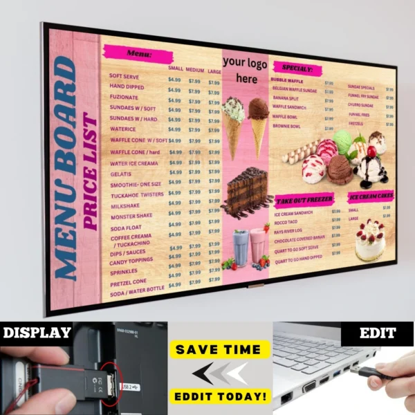 Modern TV Menu Board: Editable Canva Template for Take-Out Freezer, Digital TV Menus & Ice Cream Displays