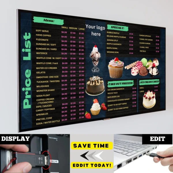 Editable TV Menu Board Canva Template for Take-Out & Ice Cream Shops