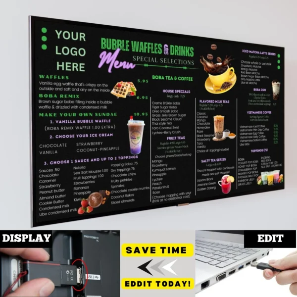 Tv Menu Board for Restaurant, Bubble Waffles Menu, TV menu board , Drinks Menu ,Drink Menu Template, Coffee Menu, Canva Template