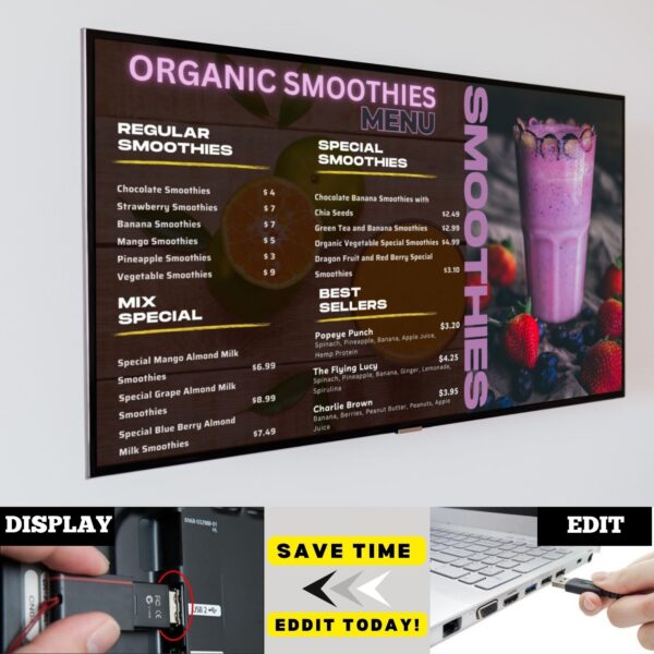 Smoothie Menu, Digital Menu Board, Canva Template, Food and Beverage Design, Cafe Marketing, Juice Bar Menu, Customizable Templates, Digital Signage, Menu Design, Healthy Drinks, Smoothie Bar, Restaurant Menu, Visual Marketing, Graphic Design, Small Business Branding.