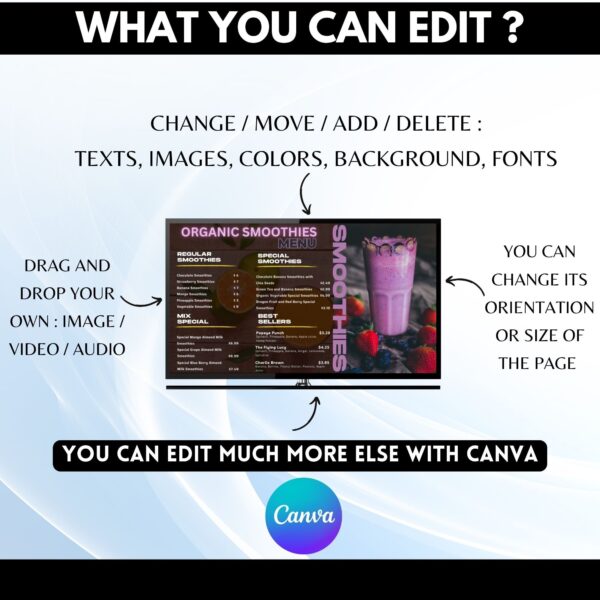 Smoothie Menu, Digital Menu Board, Canva Template, Food and Beverage Design, Cafe Marketing, Juice Bar Menu, Customizable Templates, Digital Signage, Menu Design, Healthy Drinks, Smoothie Bar, Restaurant Menu, Visual Marketing, Graphic Design, Small Business Branding.