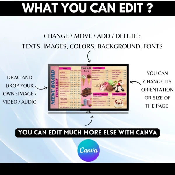 Modern TV Menu Board: Editable Canva Template for Take-Out Freezer, Digital TV Menus & Ice Cream Displays