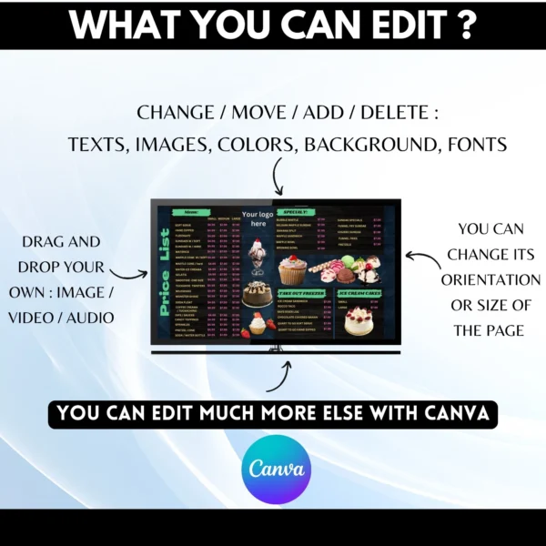 Editable TV Menu Board Canva Template for Take-Out & Ice Cream Shops