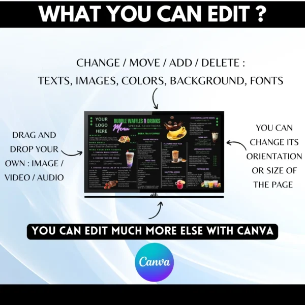 Tv Menu Board for Restaurant, Bubble Waffles Menu, TV menu board , Drinks Menu ,Drink Menu Template, Coffee Menu, Canva Template