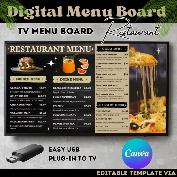 Editable Restaurant TV Menu Board Canva Template