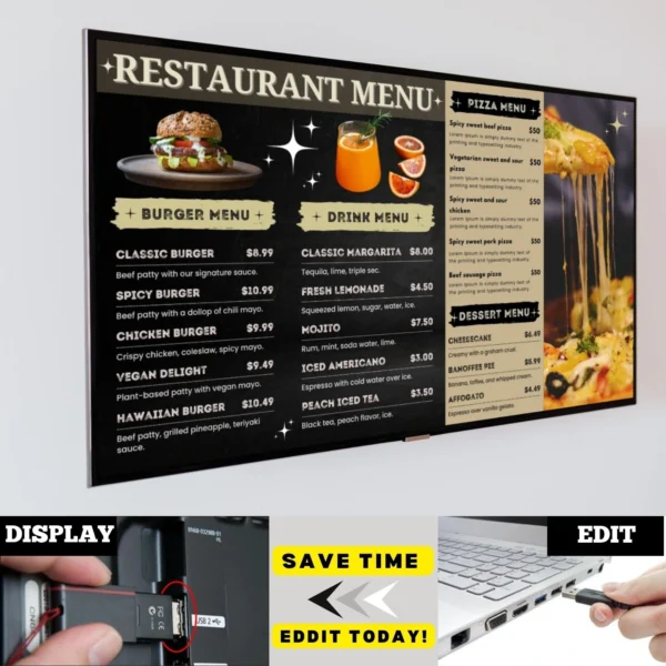 Editable Restaurant TV Menu Board Canva Template