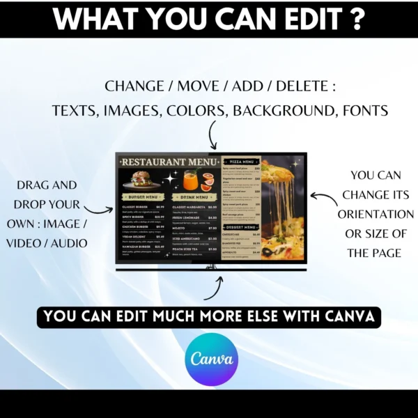 Editable Restaurant TV Menu Board Canva Template